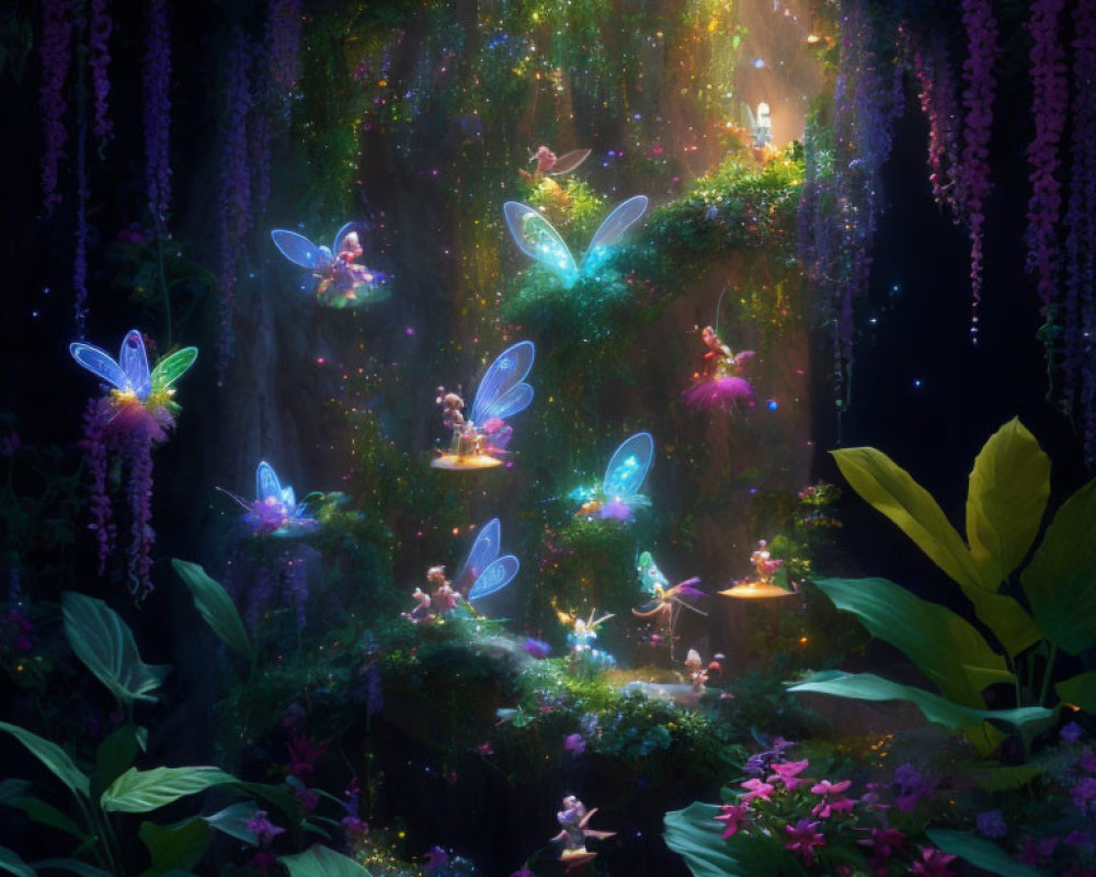 Enchanted forest night scene with glowing flowers and fairies in lush greenery
