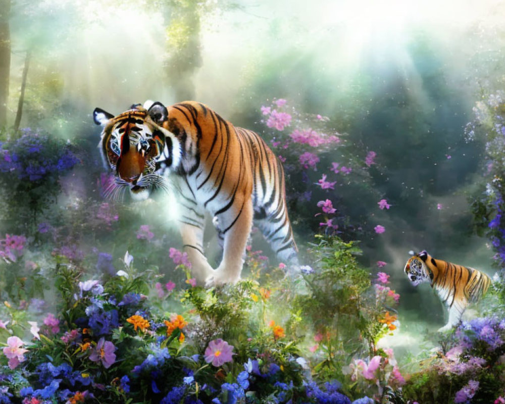 Two tigers in vibrant floral forest under sunbeams, one in misty background
