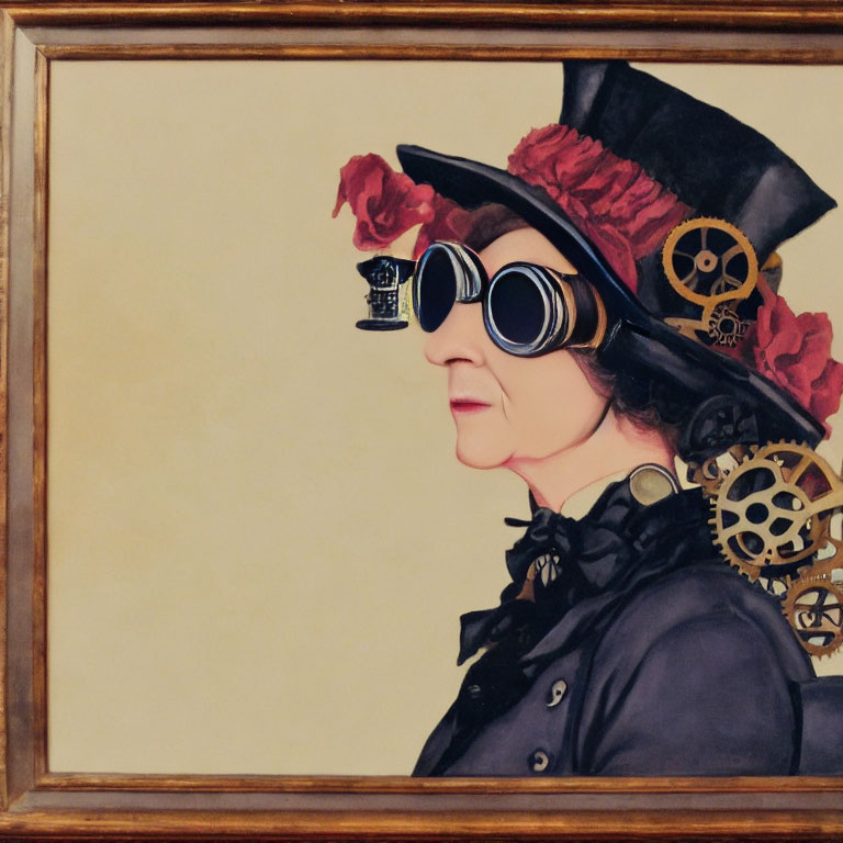 Steampunk-themed painting of a woman in Victorian attire