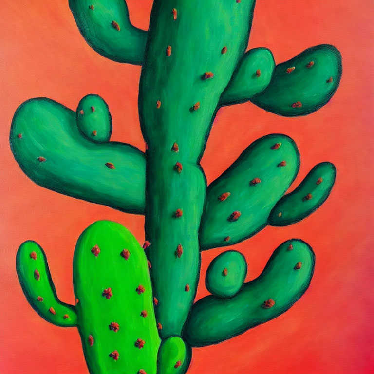 Colorful painting of green cactus with red spines on orange background