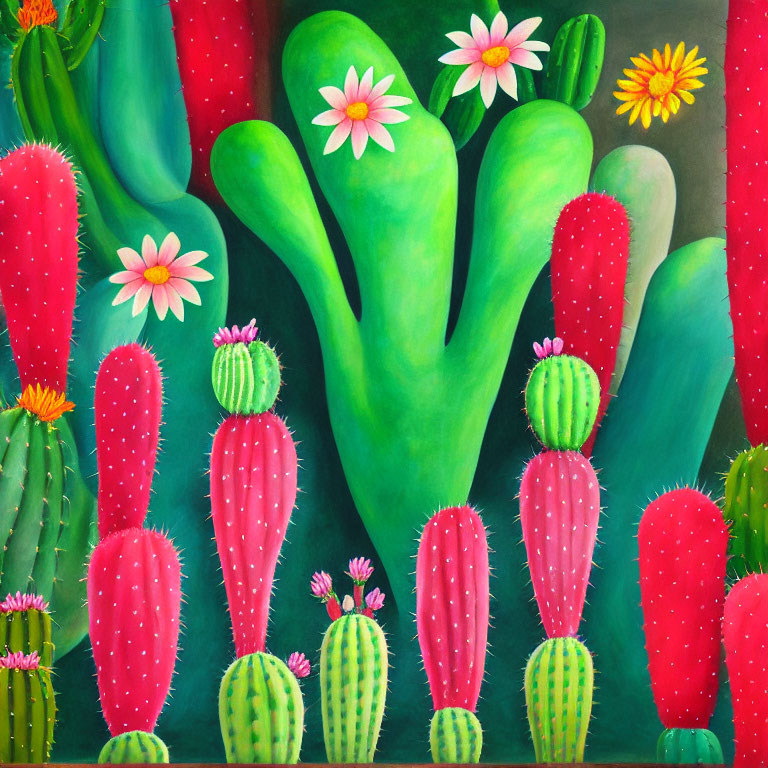 Colorful Cacti Painting with Red Prickles on Dark Green Background