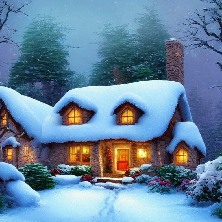 Snow-covered stone cottage with illuminated windows and warm front door in snowy pine tree setting