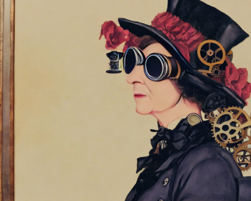 Steampunk-themed painting of a woman in Victorian attire