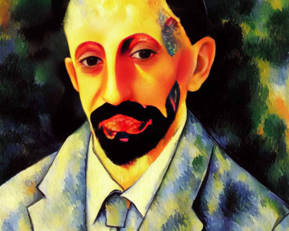 Colorful Post-Impressionist painting of man with mustache and goatee