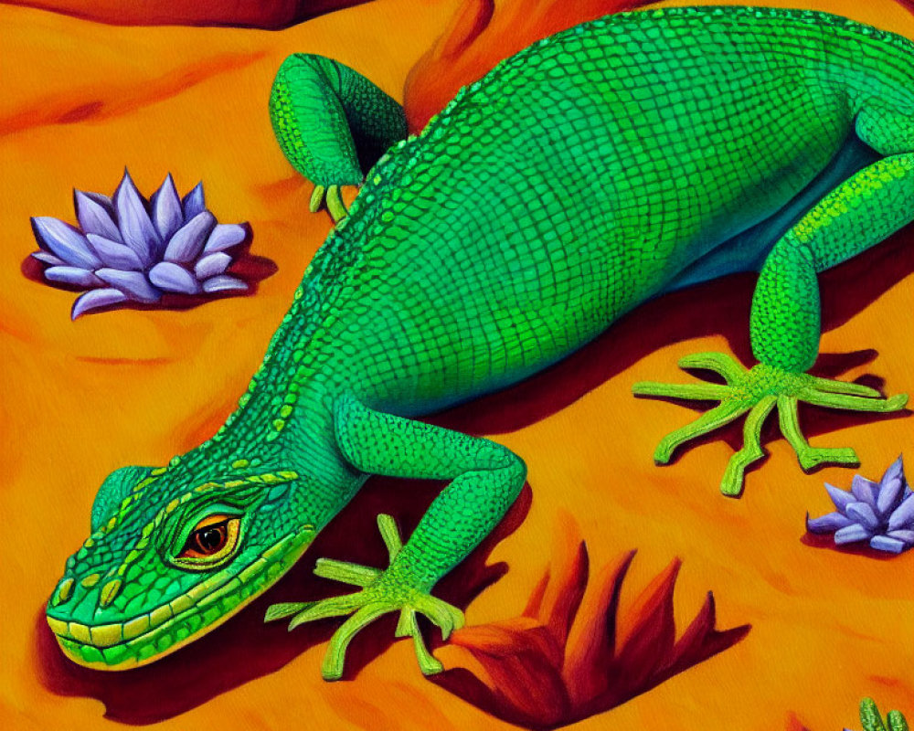 Colorful Illustration of Green Lizard on Orange Background with Purple and Blue Plants