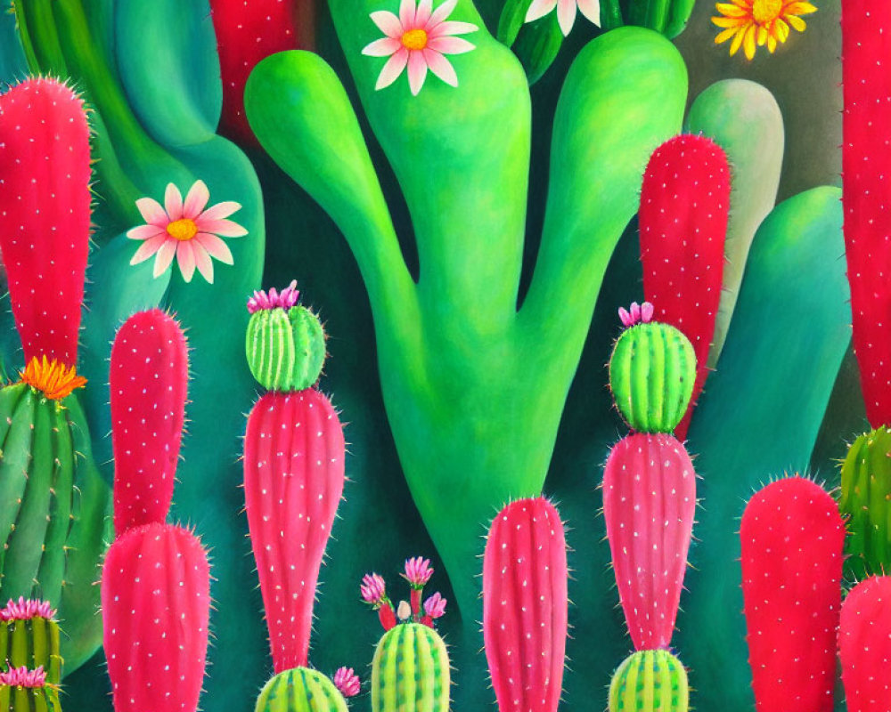 Colorful Cacti Painting with Red Prickles on Dark Green Background
