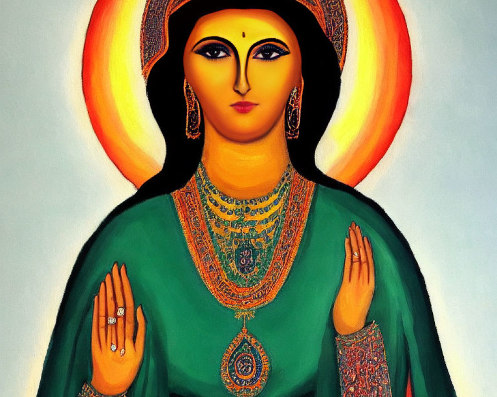 Colorful painting of woman in green attire with halo and jewelry, hand raised