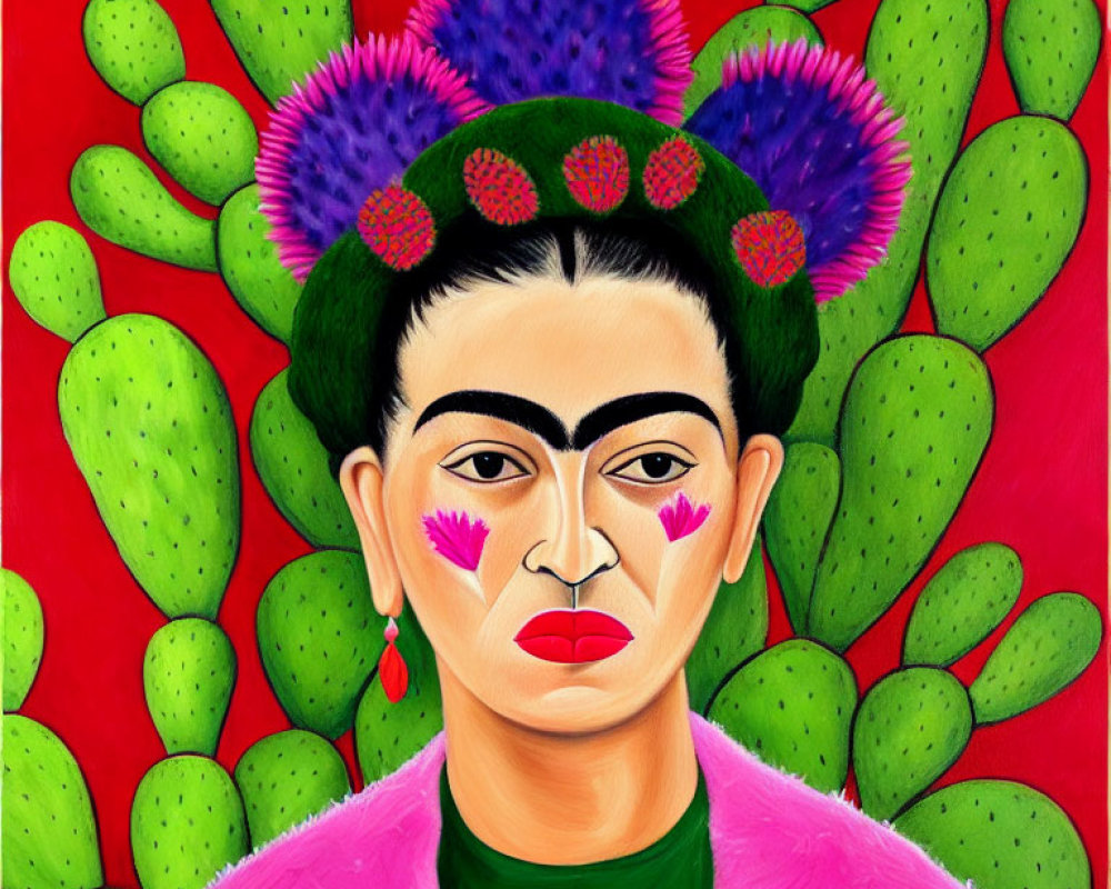 Vibrant portrait of woman with unibrow and flower crown among green cacti