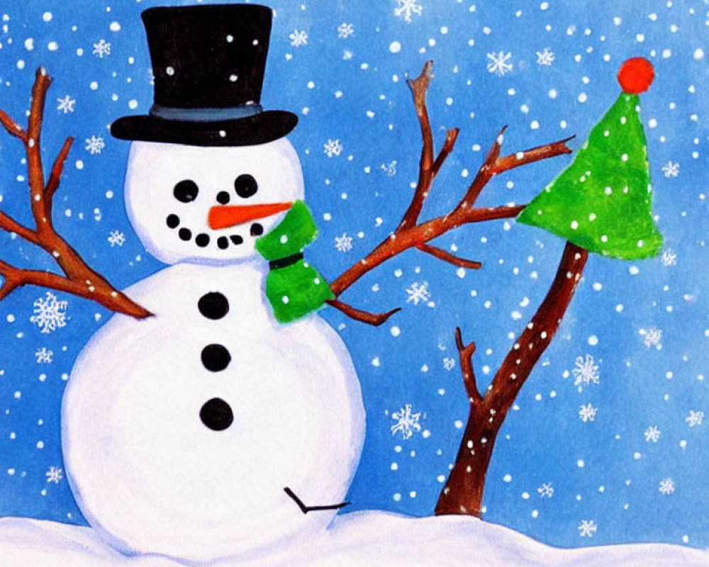 Cheerful snowman with top hat and green scarf in snowy scene