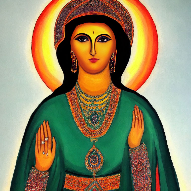 Colorful painting of woman in green attire with halo and jewelry, hand raised