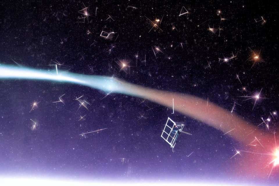 Digital illustration: Satellite in starry expanse with cosmic dust trails.