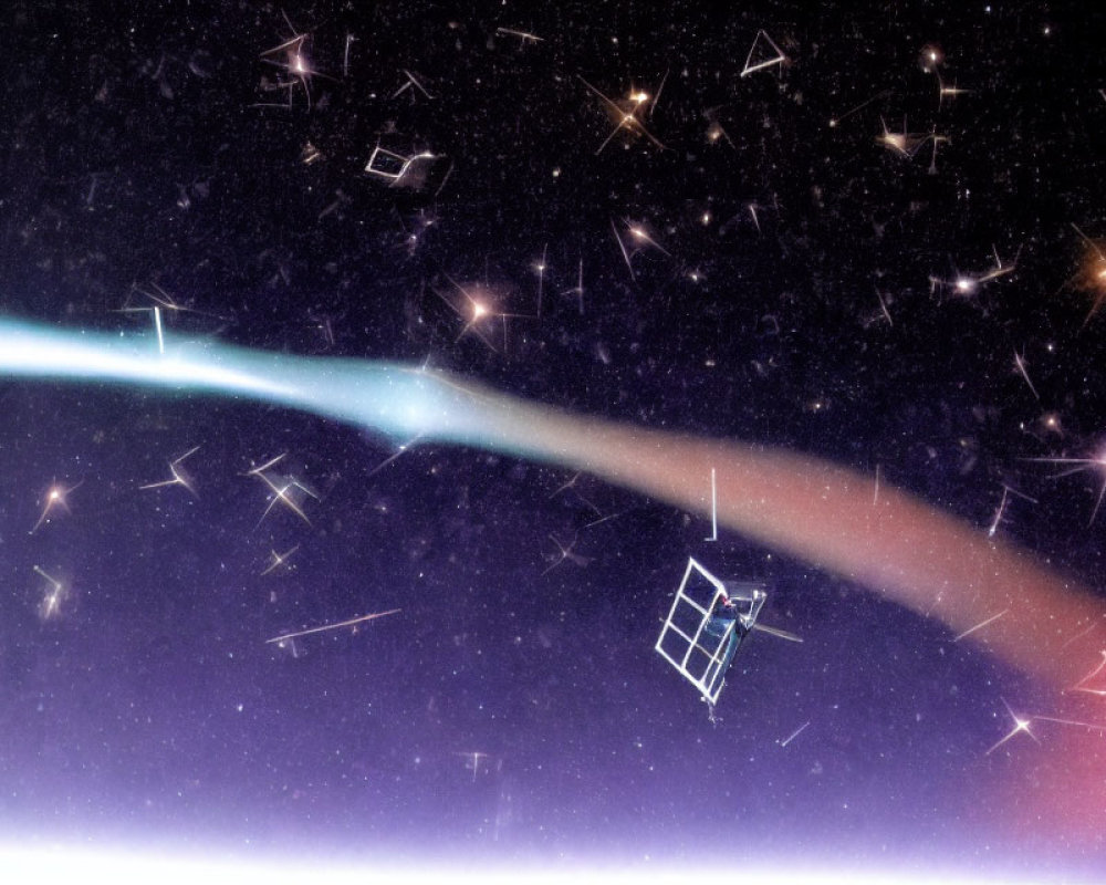 Digital illustration: Satellite in starry expanse with cosmic dust trails.