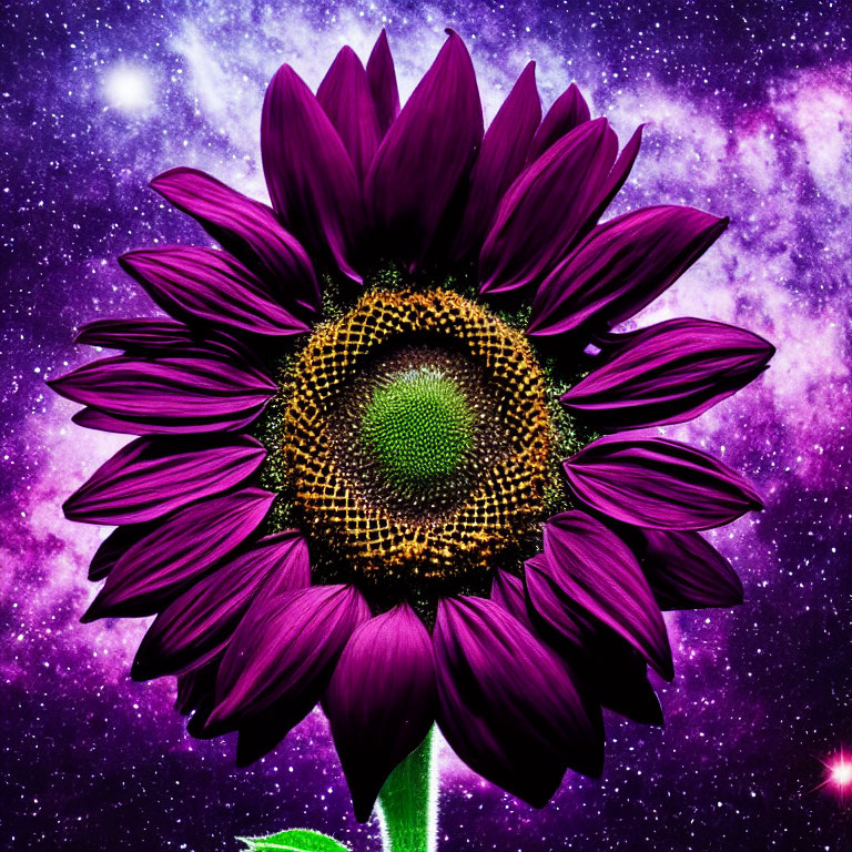 Purple sunflower against cosmic background of stars and nebulae.