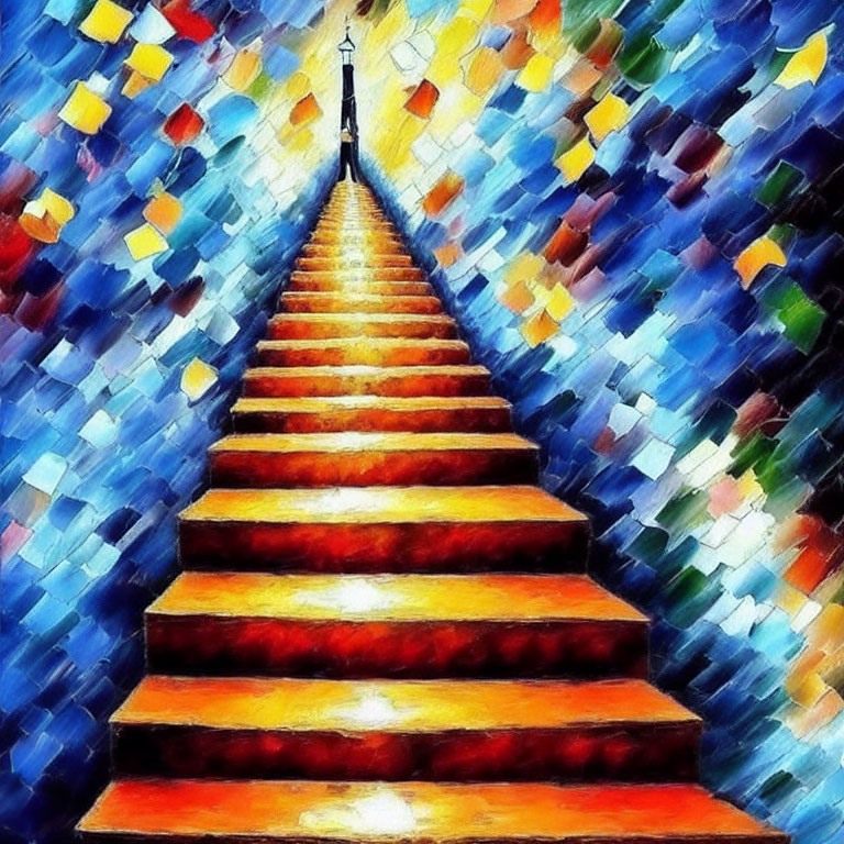 Vibrant impressionist painting: staircase to lighthouse under mosaic sky