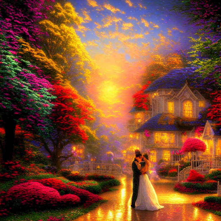 Romantic couple embracing in colorful garden at sunset