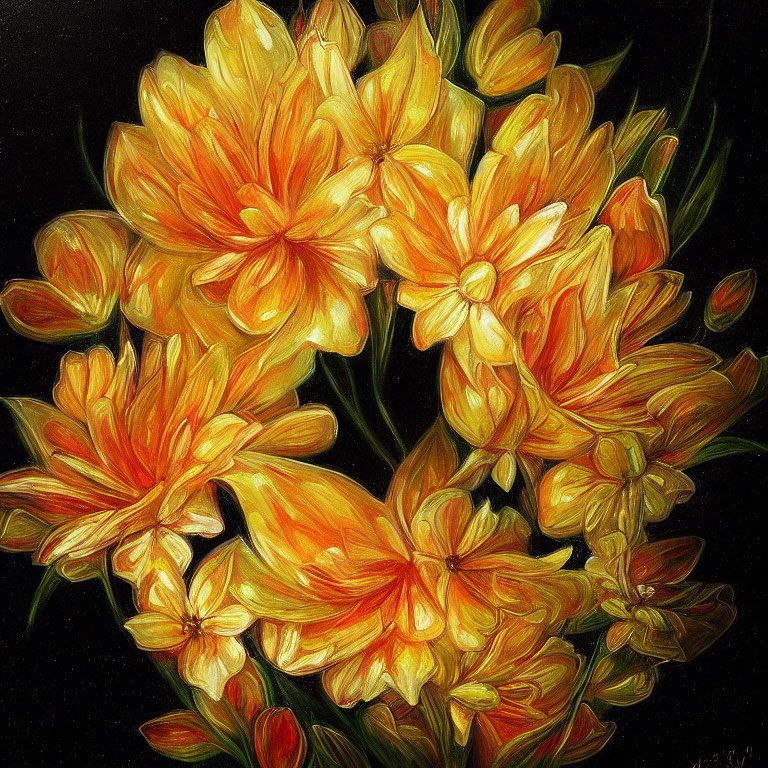 Colorful oil painting of bright yellow and orange flowers on dark background