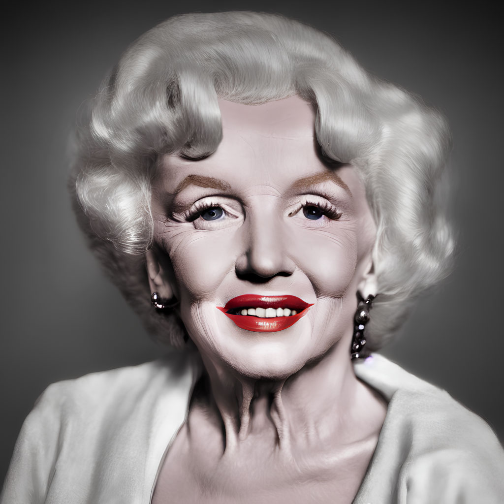 Monochromatic portrait of a smiling woman with platinum blonde hair and red lipstick