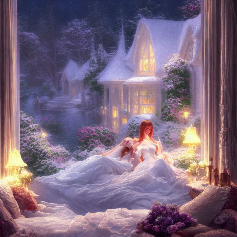 Woman in White Dress Relaxing on Bed with Snowy Window View