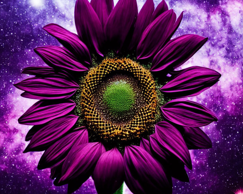 Purple sunflower against cosmic background of stars and nebulae.