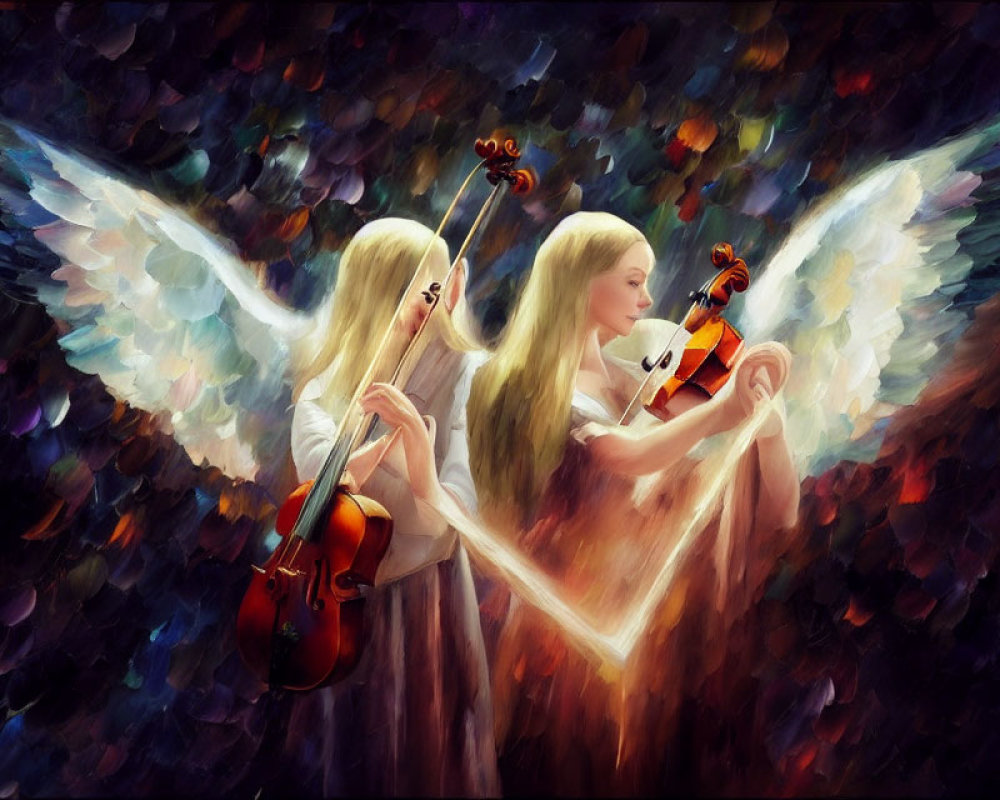 Angelic figures playing violins on vibrant abstract background