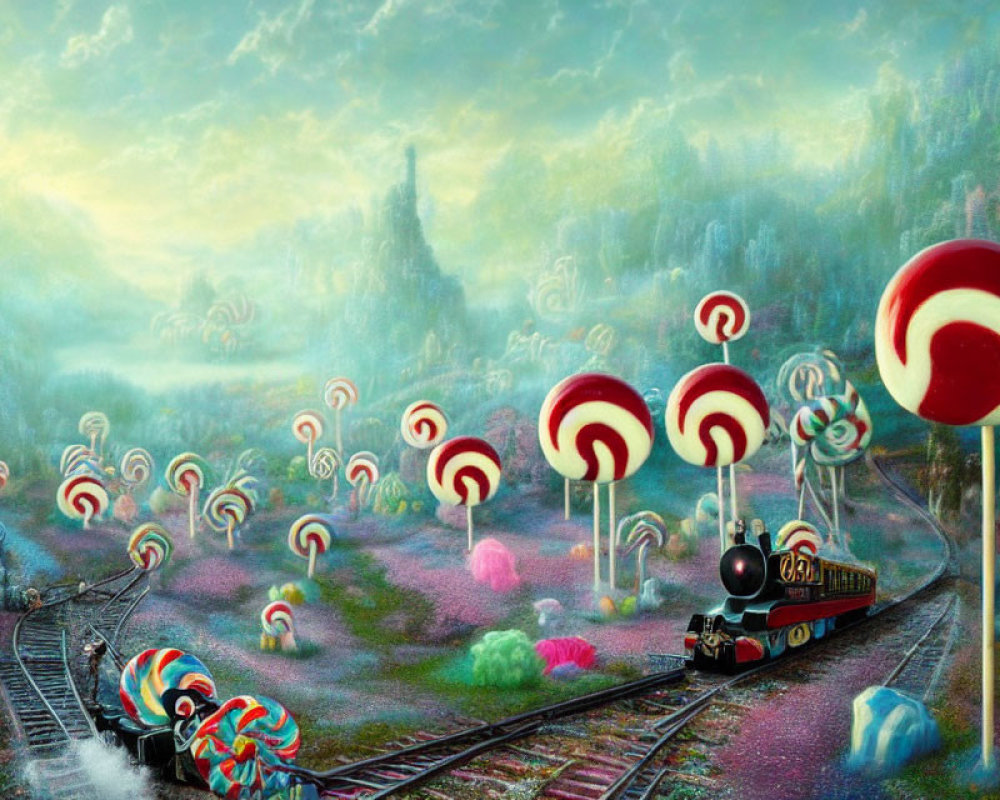 Colorful steam train in candy-themed landscape