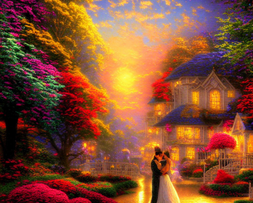 Romantic couple embracing in colorful garden at sunset