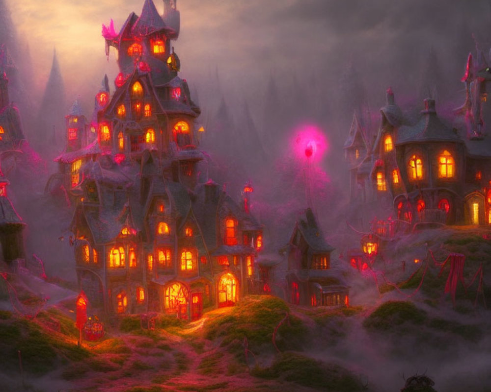 Whimsical illuminated fantasy village with multi-tiered house in misty terrain
