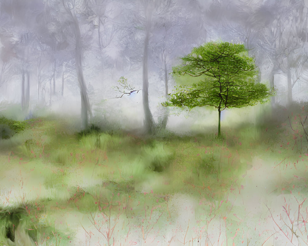 Misty woodland scene with vibrant green tree in soft focus
