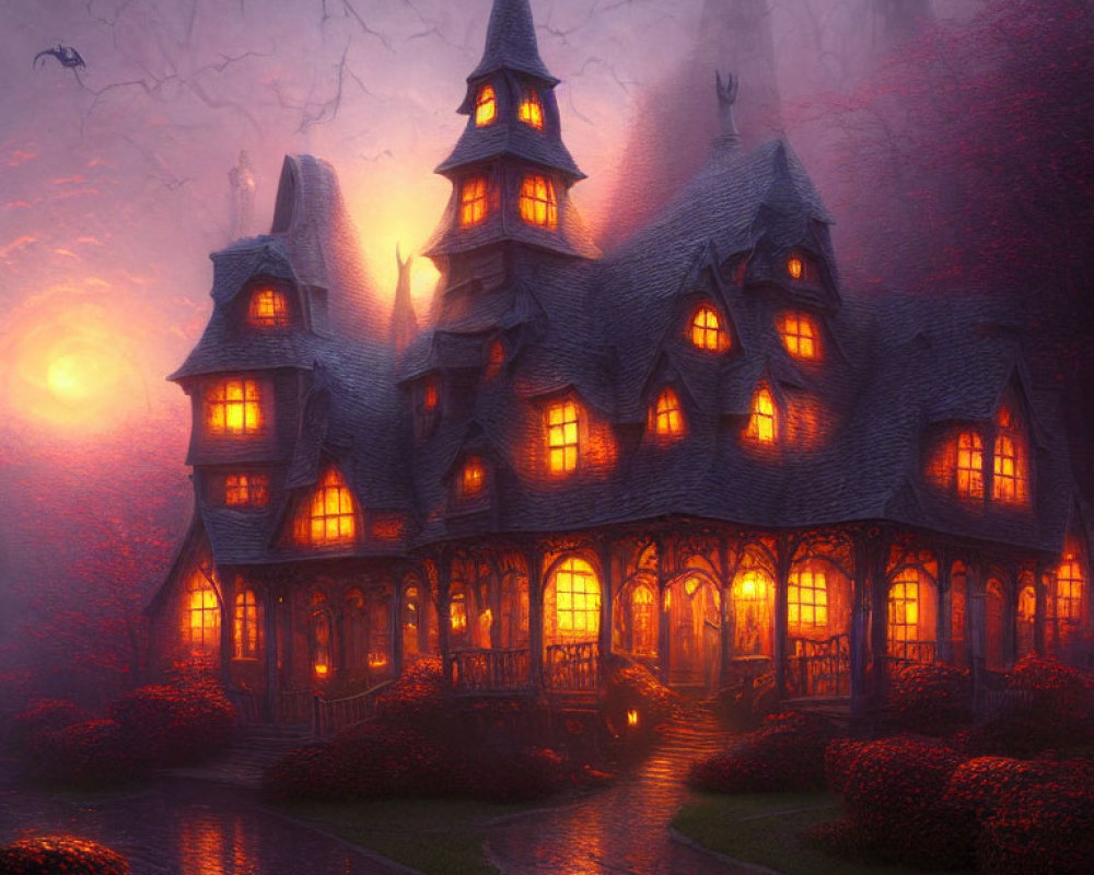 Mystical gothic mansion at twilight with warm glowing lights, dark trees, and fine mist