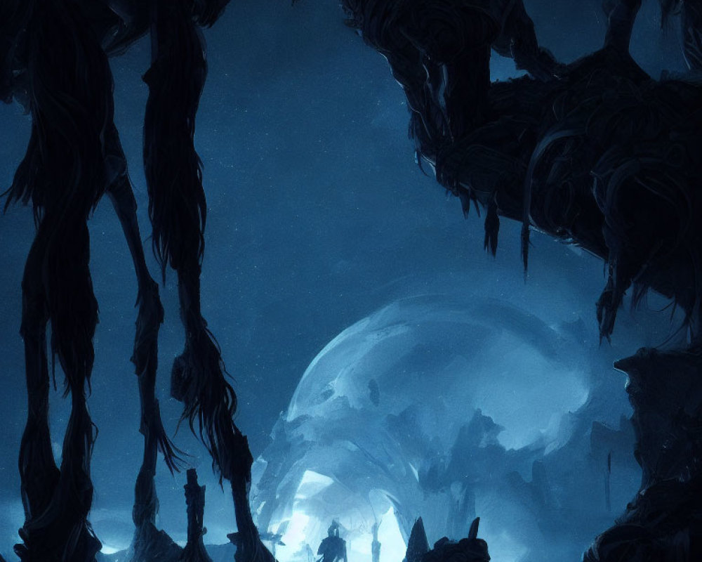 Mystical blue-toned landscape with alien trees, moon, and cave travelers