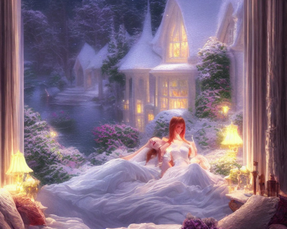 Woman in White Dress Relaxing on Bed with Snowy Window View