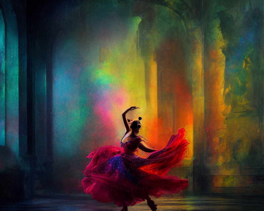 Vibrant red dress ballet dancer in moody, colorful hall