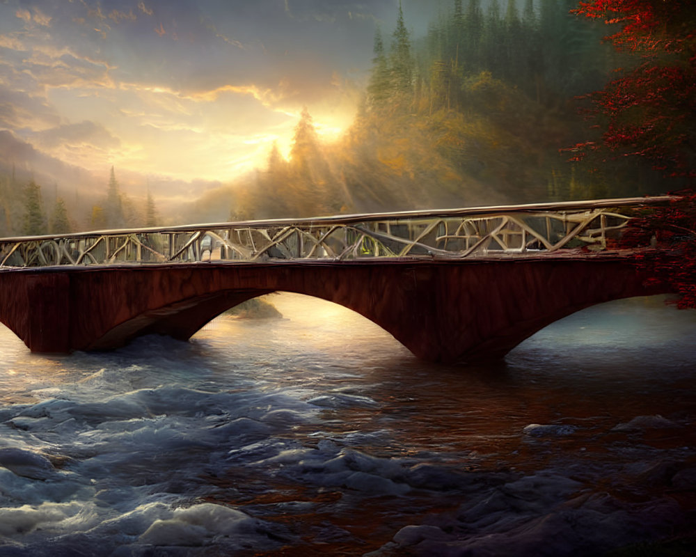 Tranquil landscape: bridge over river with misty, sunlit banks