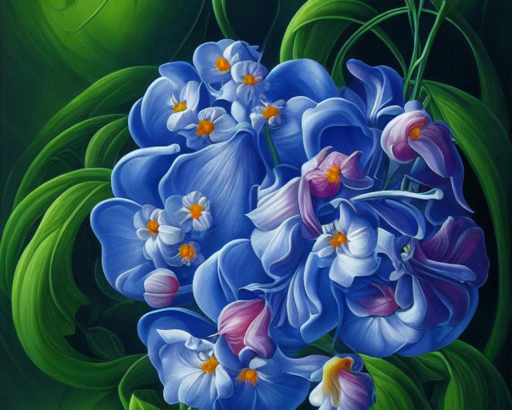 Vibrant blue flowers with yellow centers on dark green backdrop