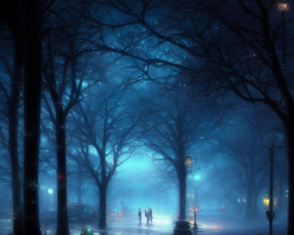 Misty nightscape with silhouetted figures under street lamps