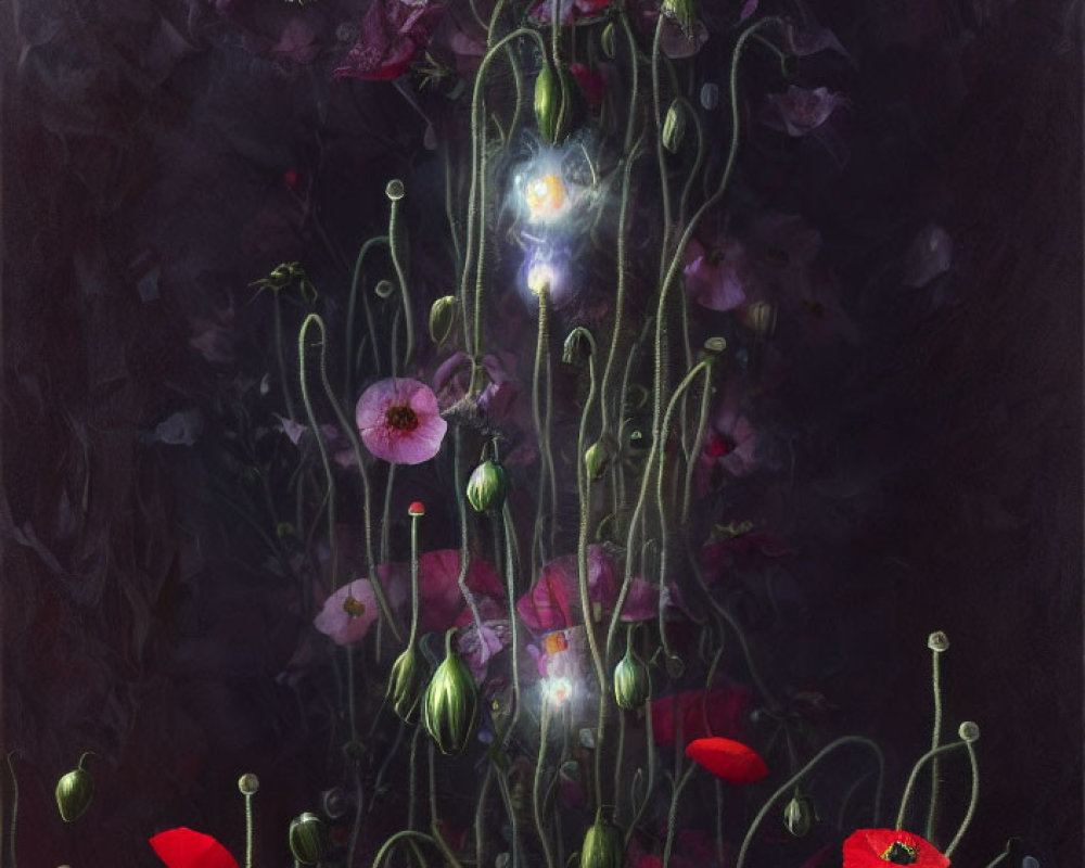 Ethereal nocturnal garden with red and pink poppies and glowing lights