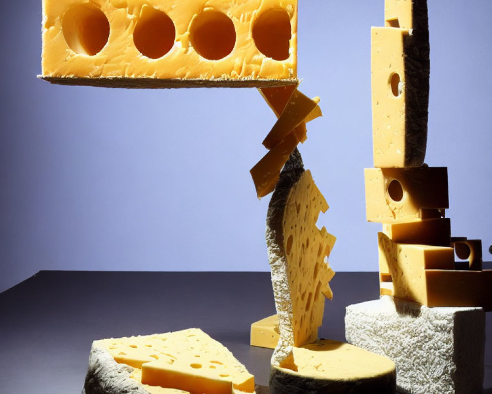 Assorted cheeses stacked like cityscape with window-like holes