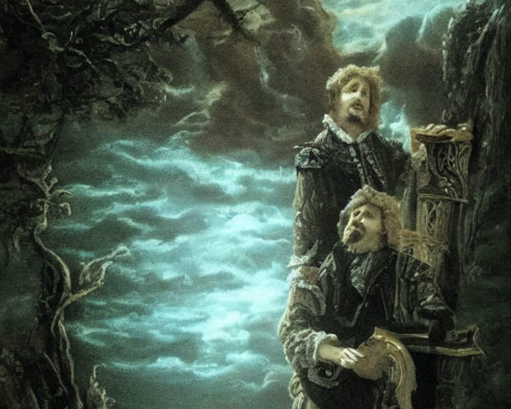 Two people in historical attire in misty moonlit landscape with eerie clouds and barren trees.