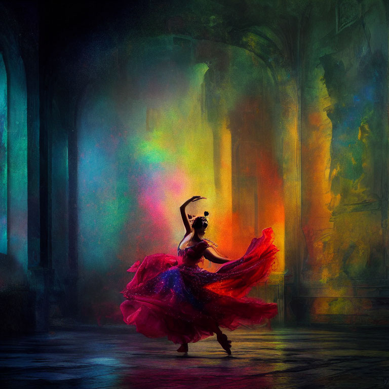 Vibrant red dress ballet dancer in moody, colorful hall