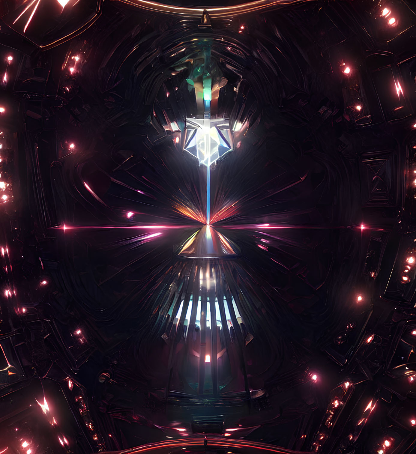Symmetrical abstract image with glowing central figure and metallic structures