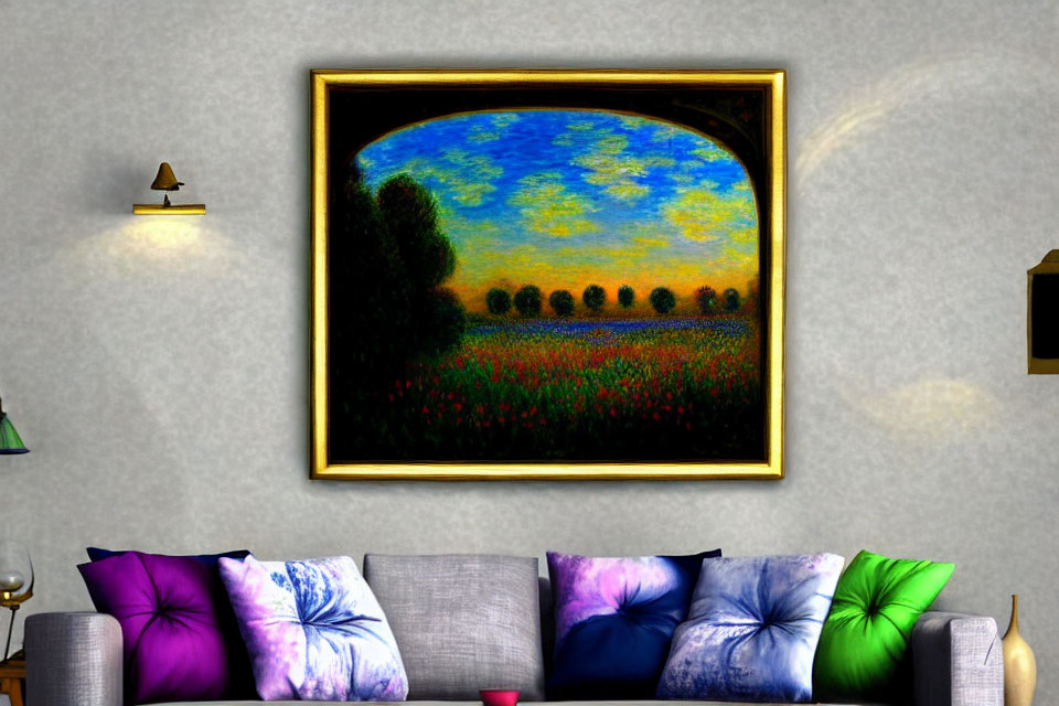 Framed landscape painting above gray sofa with colorful pillows