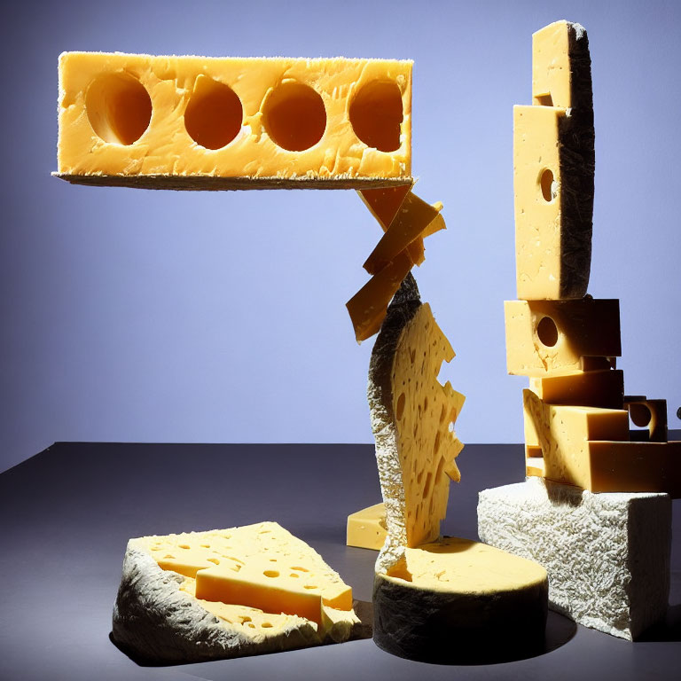 Assorted cheeses stacked like cityscape with window-like holes