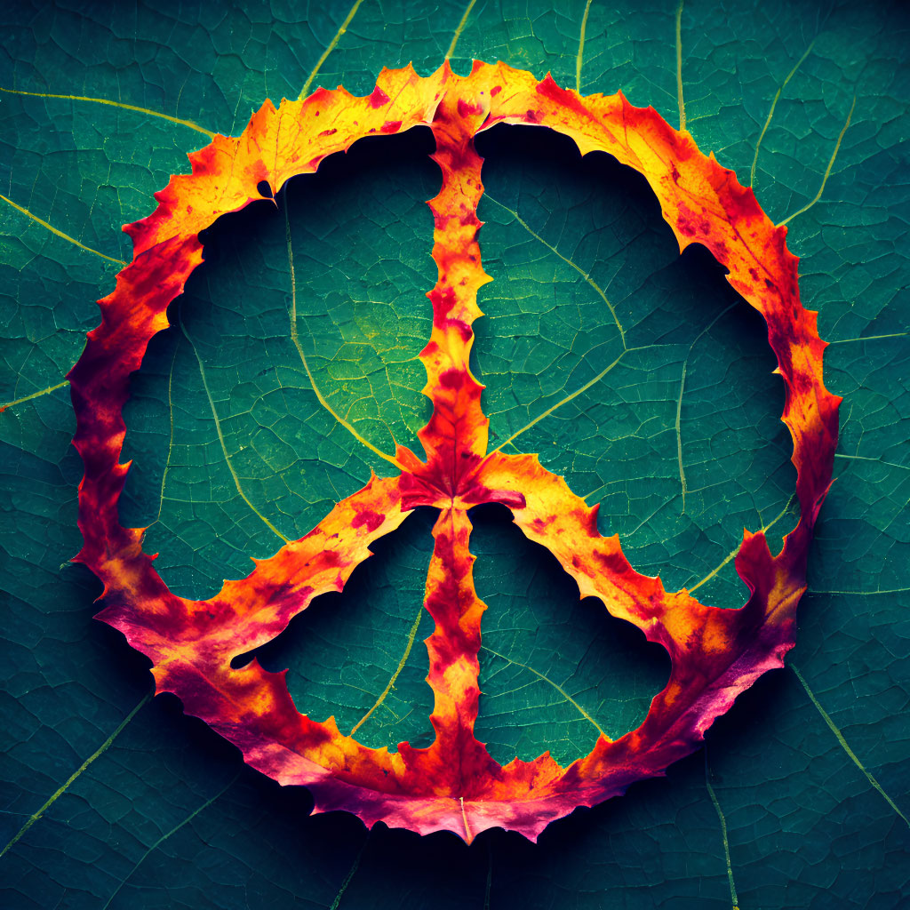 Red and Yellow Leaf with Peace Symbol on Green Background