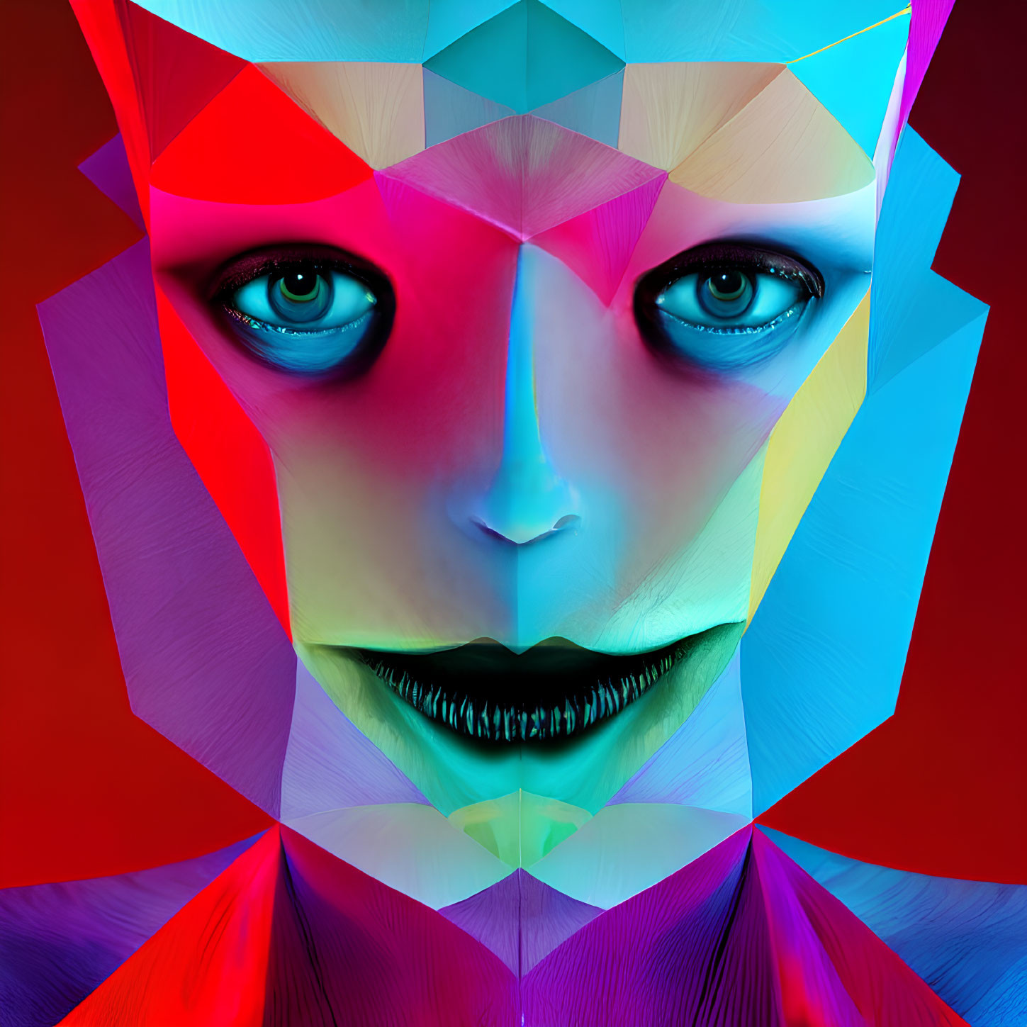 Vivid geometric digital art of a human face with red, blue, and yellow hues
