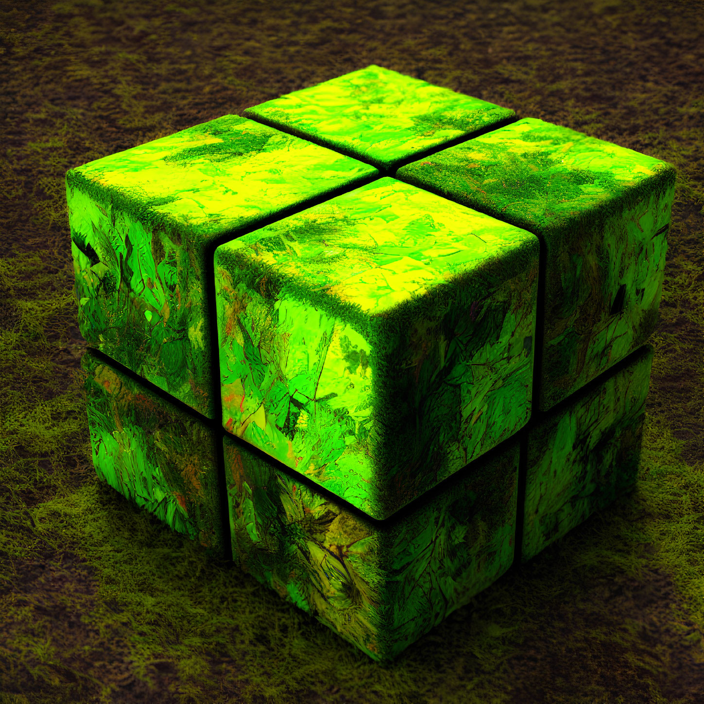 Textured green Rubik's cube on dark grainy background