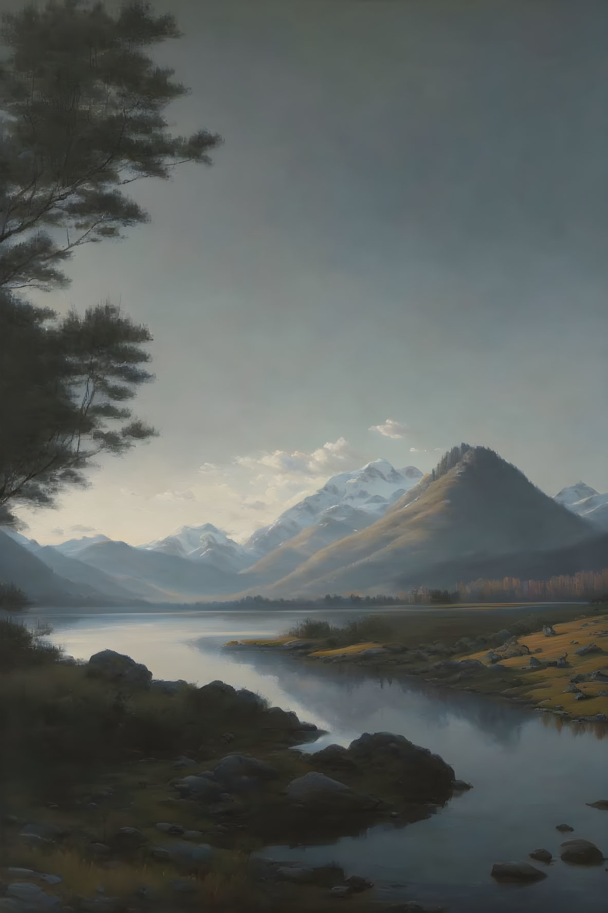  Landscape painting, view of a river with mountain