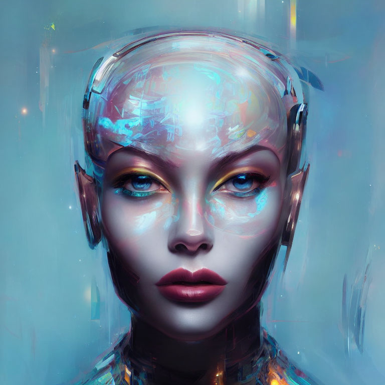 Glossy female android with artistic facial features and visible circuitry on blue background