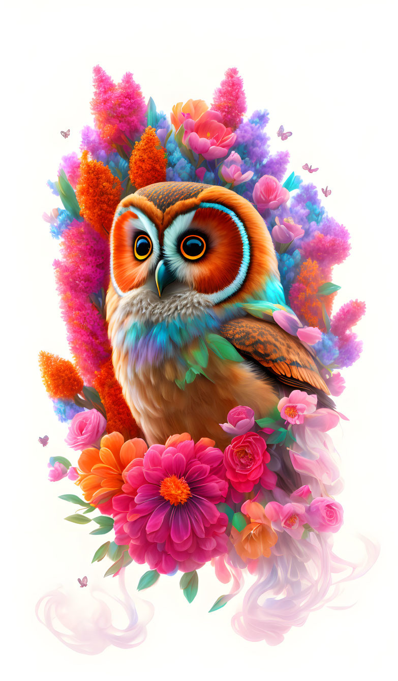 Colorful Owl Illustration with Blue Eyes and Flowers on White Background