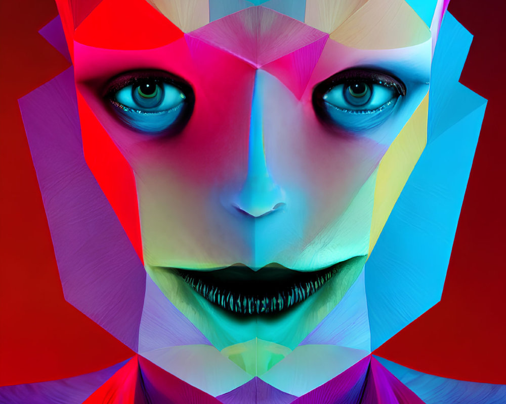 Vivid geometric digital art of a human face with red, blue, and yellow hues