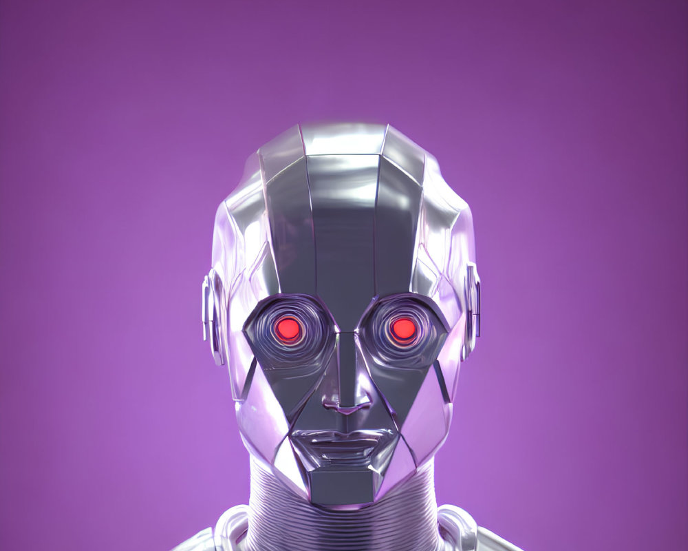 Metallic Silver Robot with Red Eyes on Purple Background
